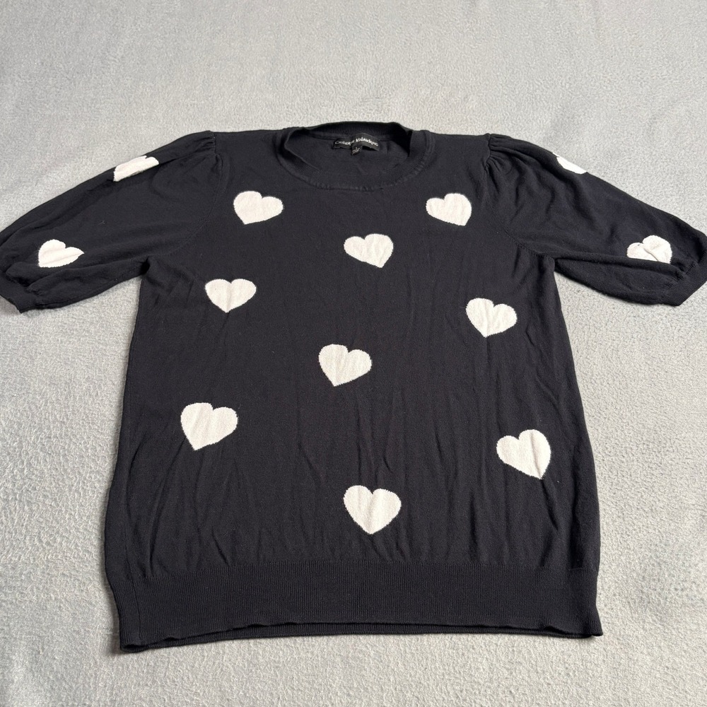 Catherine Malandrino Womens Heart Puff Sleeve Knit Top Black White Large